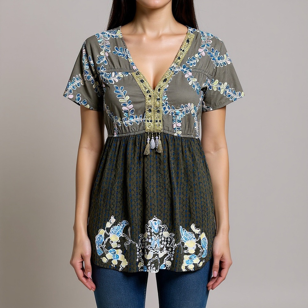 Free People Embroidered V-Neck Blouse in Gray and Blue